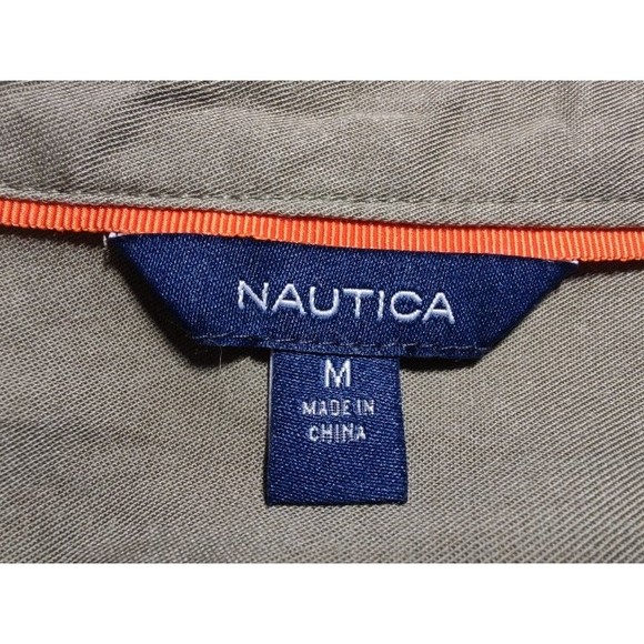 Nautica Khaki Green Mandarin Collar Shirt Dress with Orange Accent, Size M - Picture 8 of 10